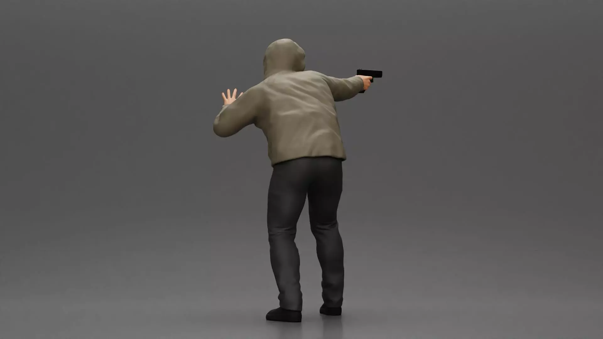 Man in hoodie pointing gun while raising hand in defensive 3D print model_3