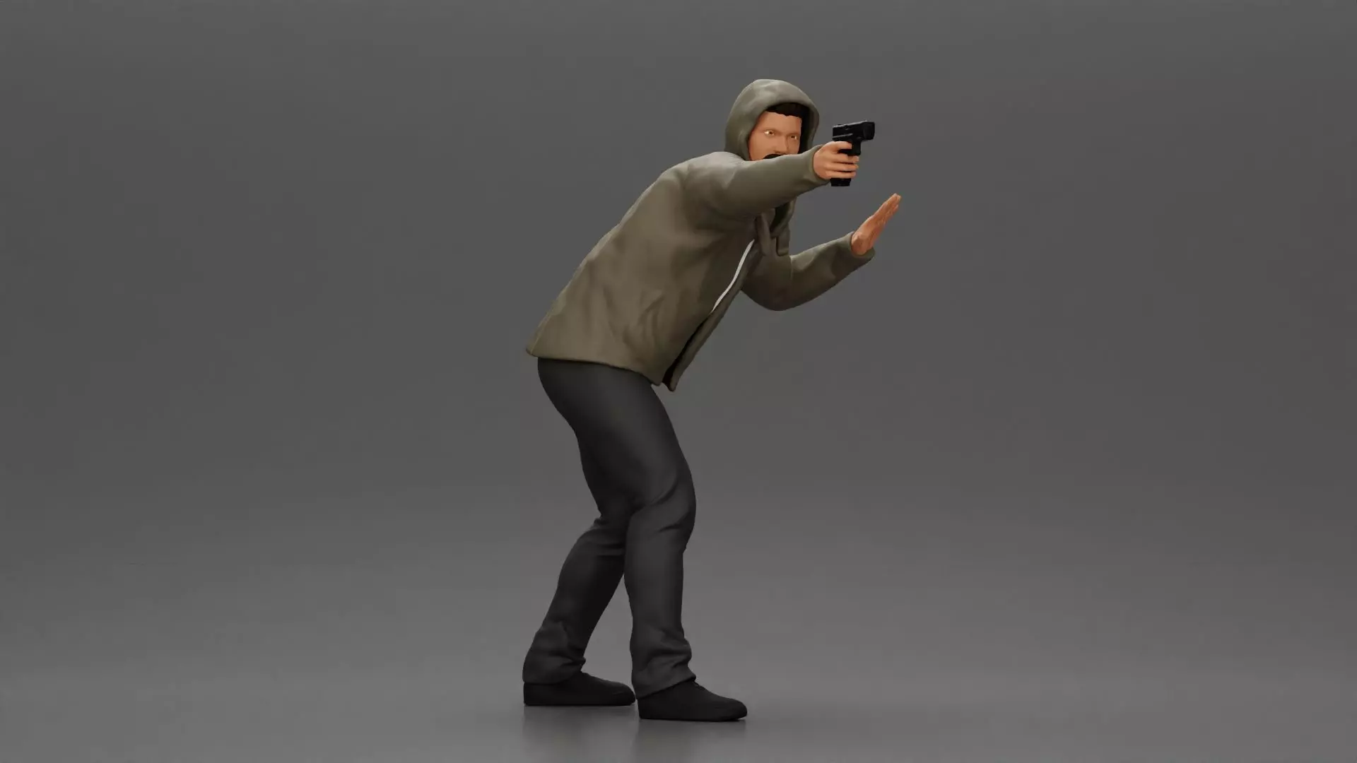 Man in hoodie pointing gun while raising hand in defensive 3D print model_1
