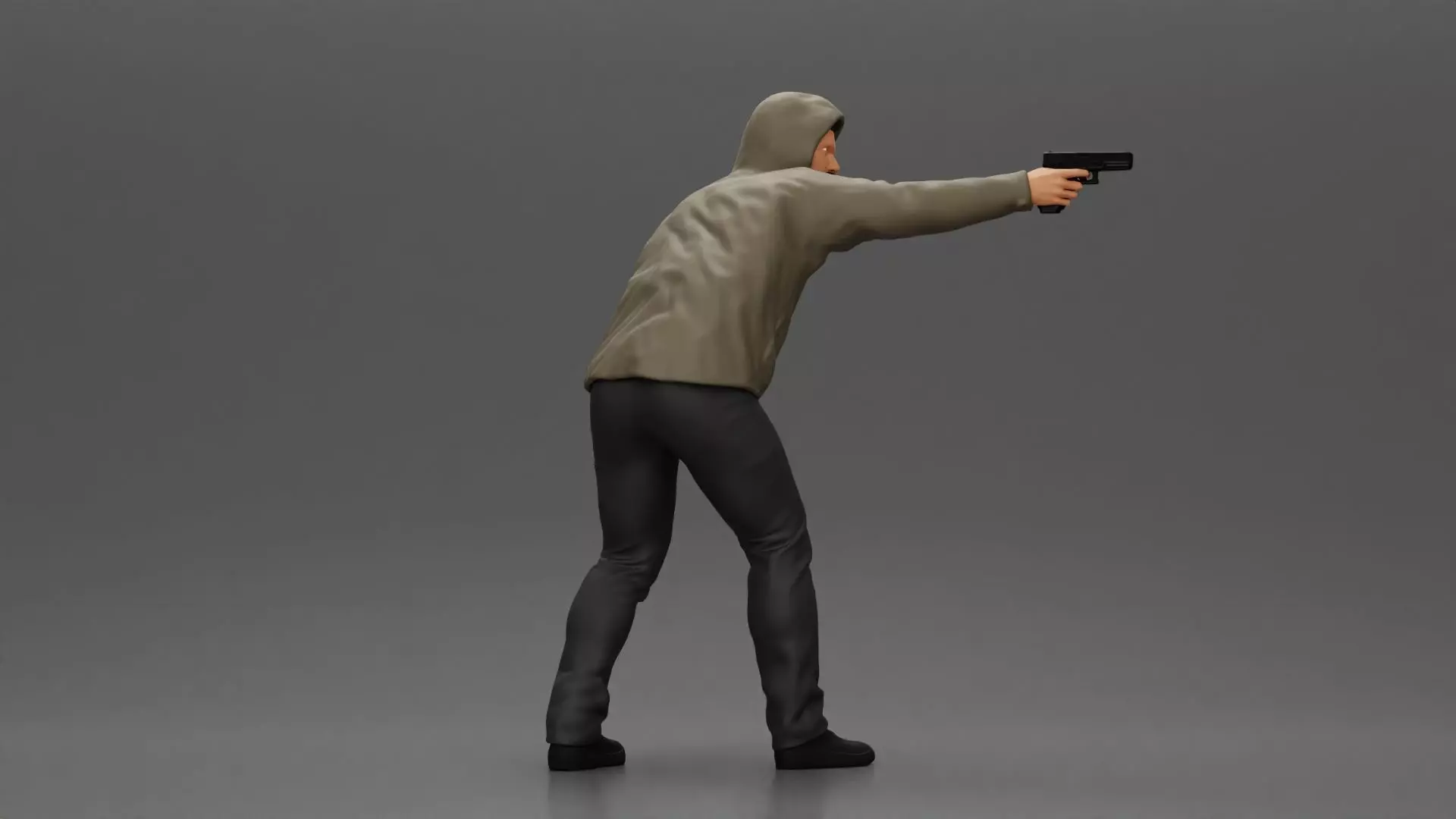 Man in hoodie pointing gun while raising hand in defensive 3D print model_2