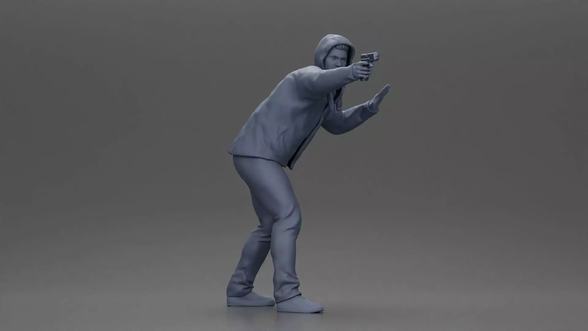 Man in hoodie pointing gun while raising hand in defensive 3D print model_7