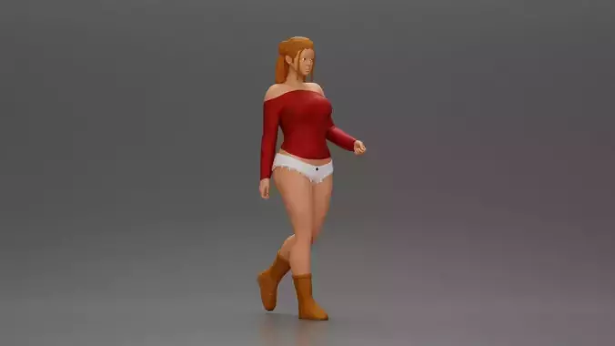 woman walking with purpose wearing top white shorts brown boots