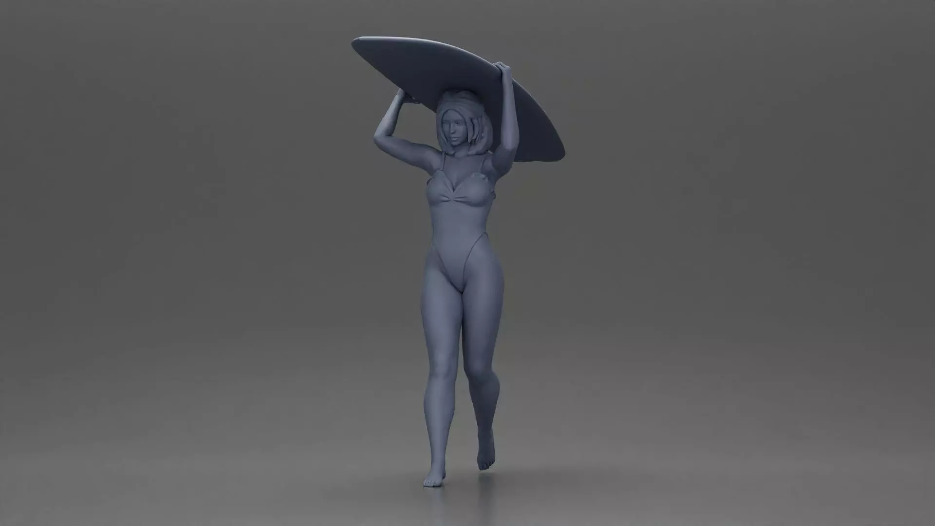 woman in swimsuit carrying a red surfboard on her shoulders 3D print model_17
