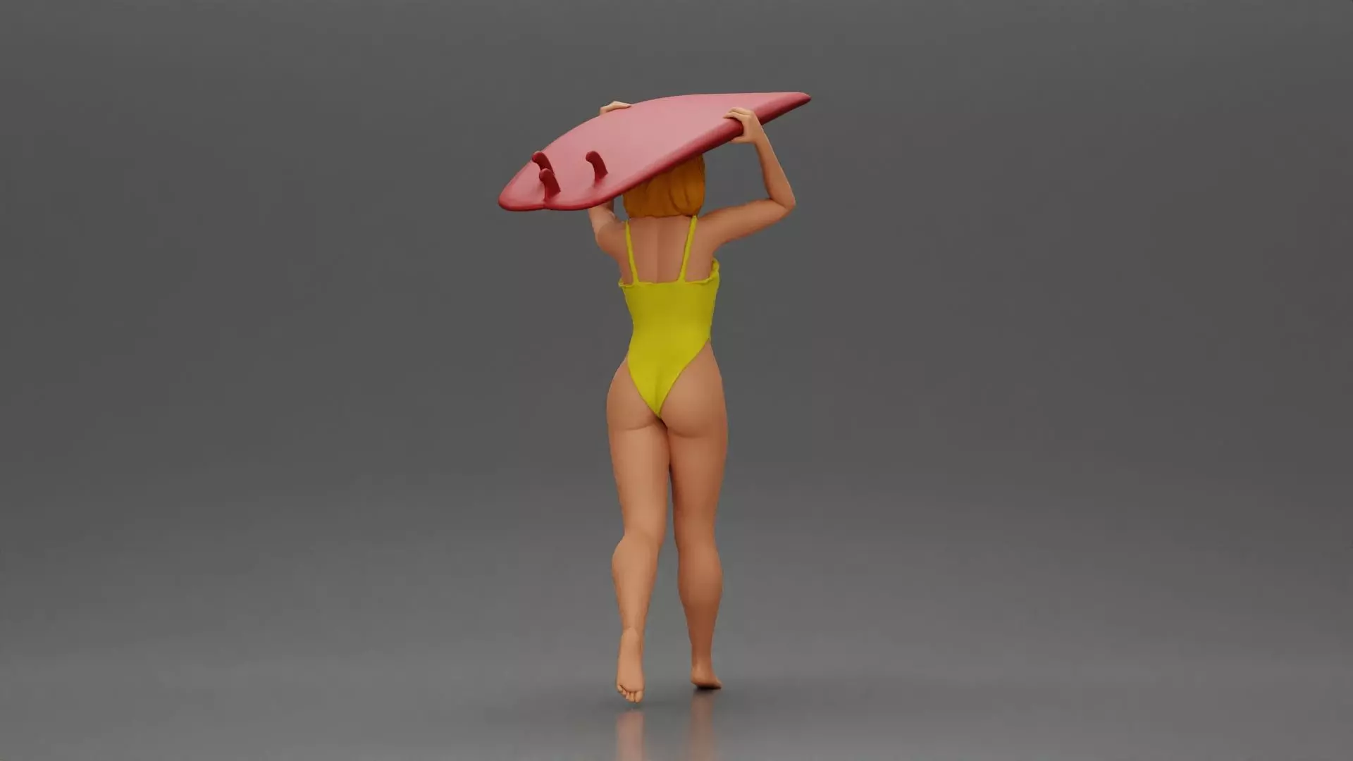 woman in swimsuit carrying a red surfboard on her shoulders 3D print model_3