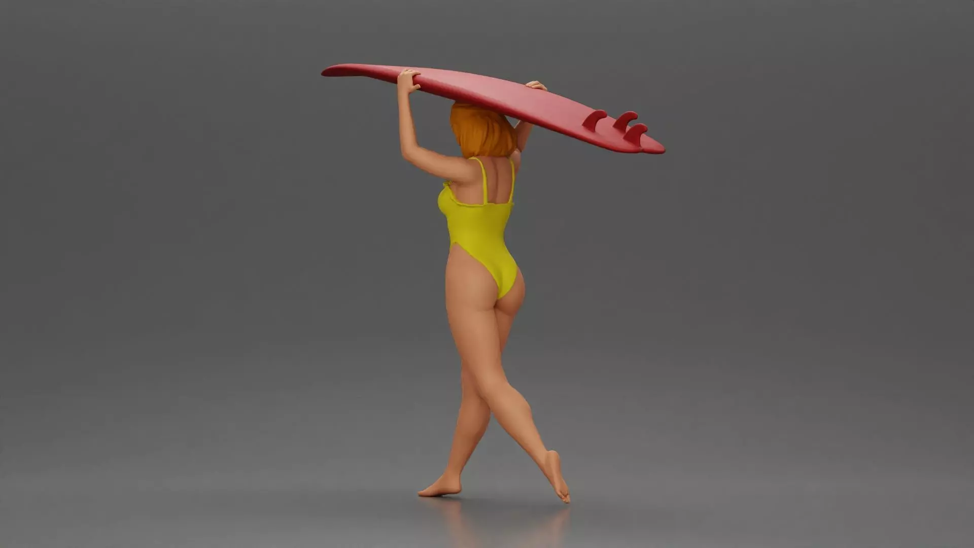 woman in swimsuit carrying a red surfboard on her shoulders 3D print model_4