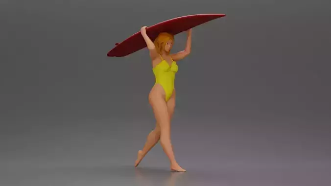 woman in swimsuit carrying a red surfboard on her shoulders