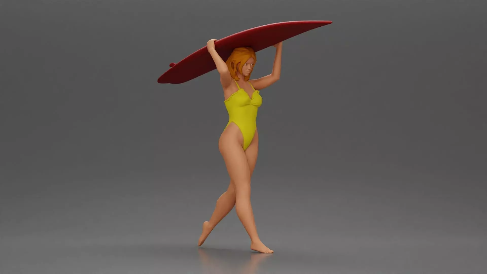 woman in swimsuit carrying a red surfboard on her shoulders 3D print model_0