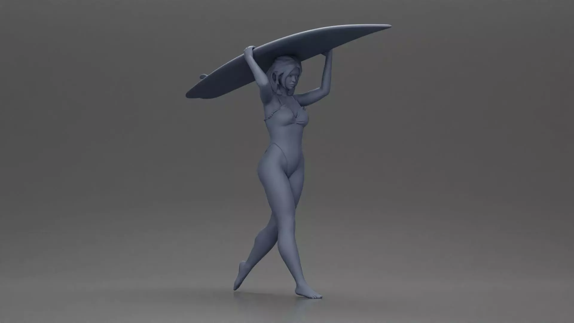 woman in swimsuit carrying a red surfboard on her shoulders 3D print model_12