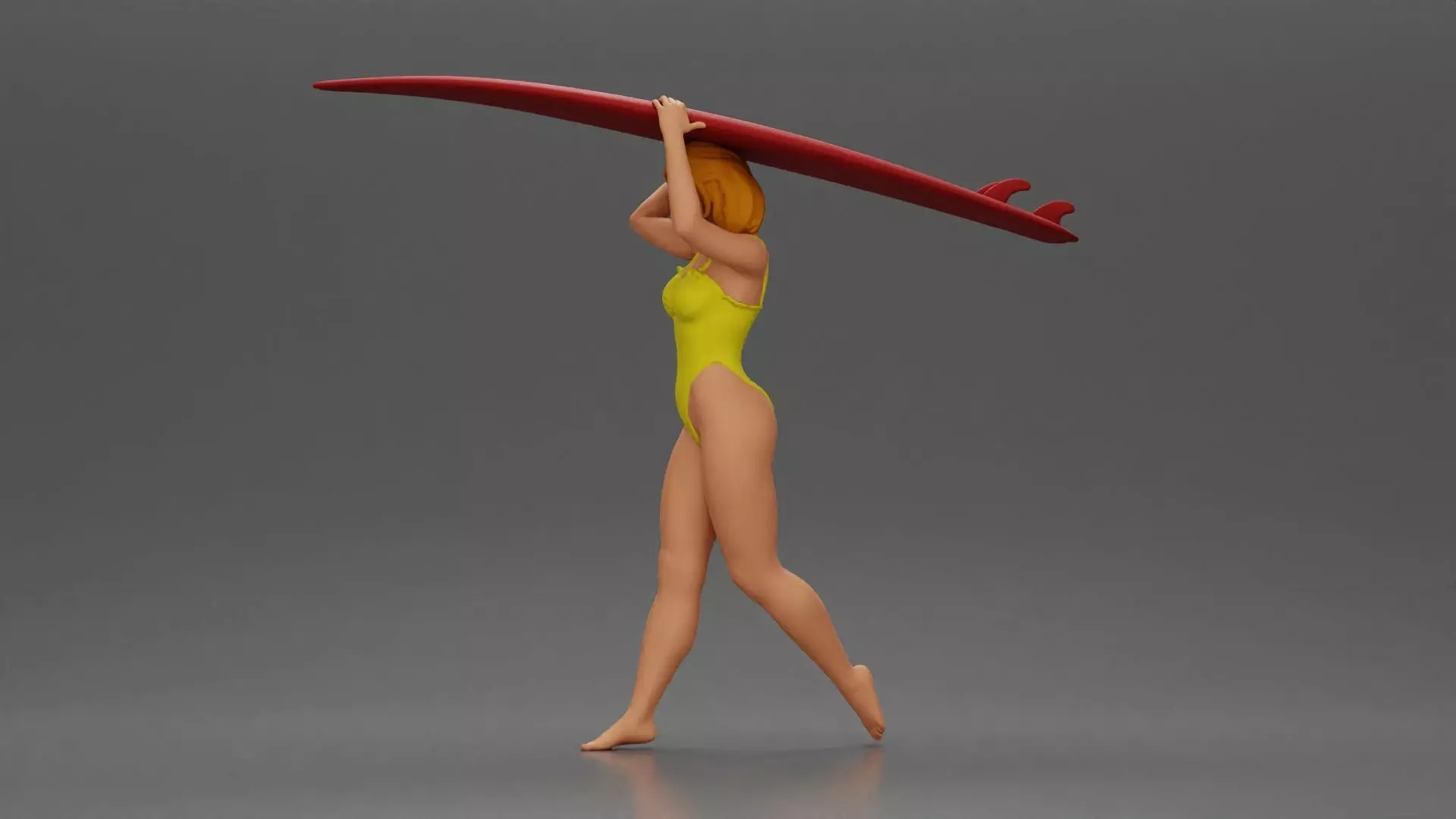 woman in swimsuit carrying a red surfboard on her shoulders 3D print model_5