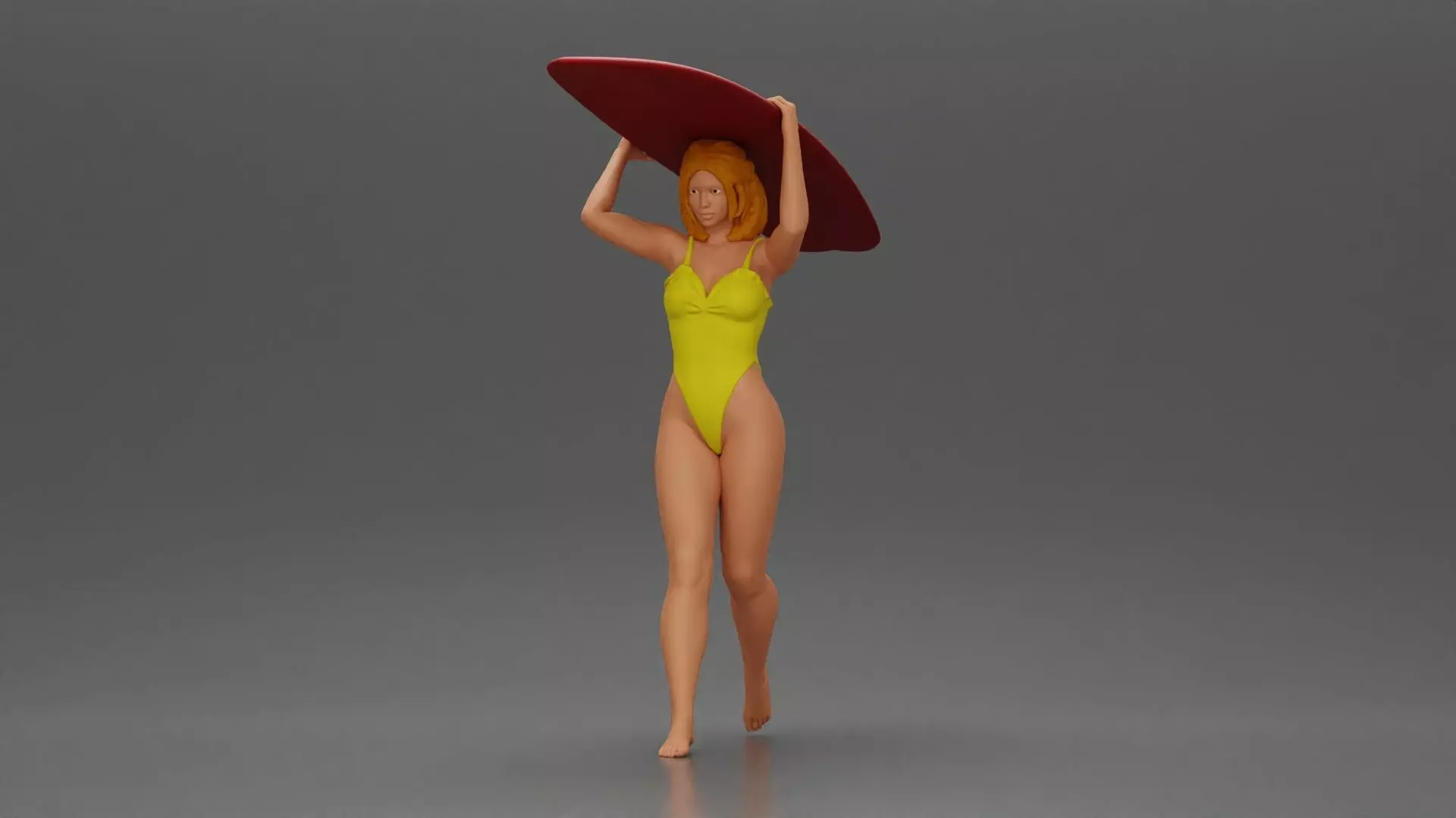woman in swimsuit carrying a red surfboard on her shoulders 3D print model_6