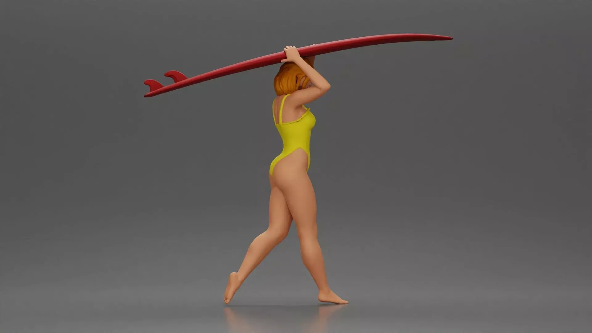 woman in swimsuit carrying a red surfboard on her shoulders 3D print model_2