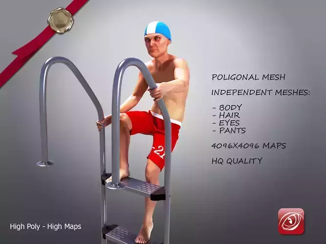 SwimmingpoolboyCasualC man in swimsuit on edge of pool 3D model