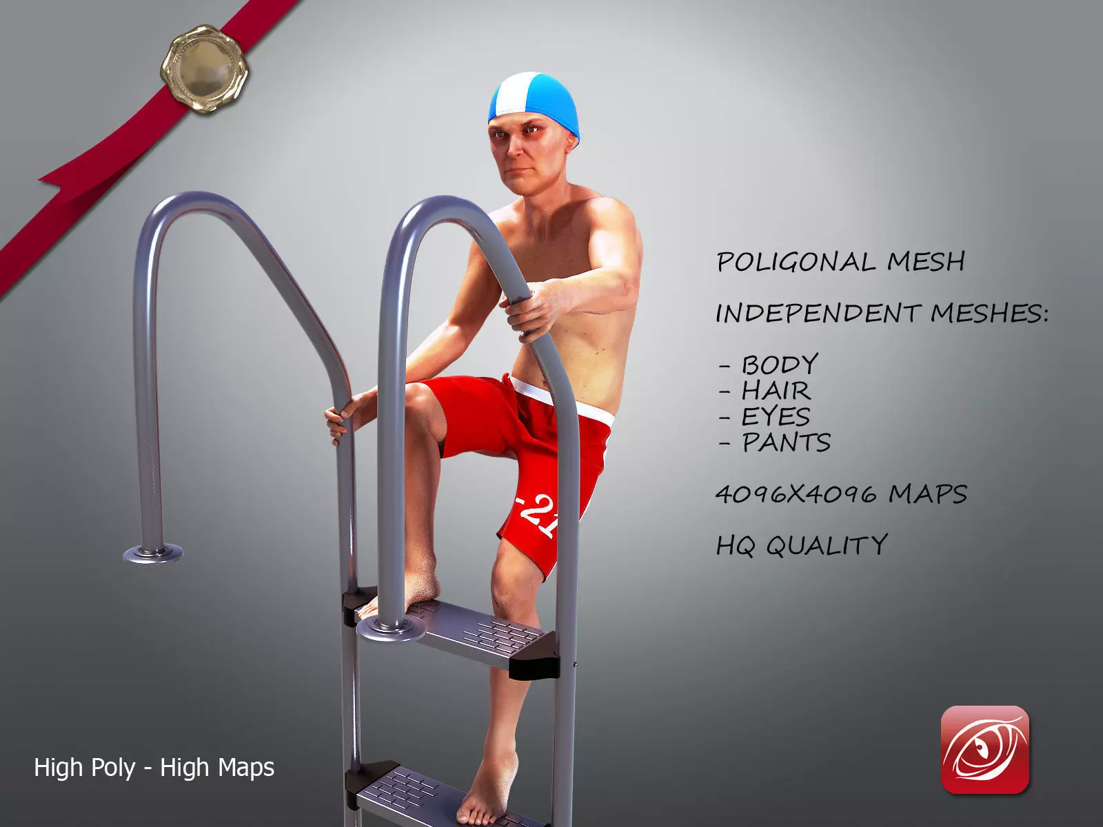 SwimmingpoolboyCasualC man in swimsuit on edge of pool 3D model