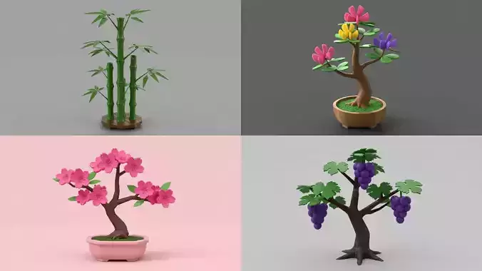 Flower Bonsai Tree 3D asset bundle of 4