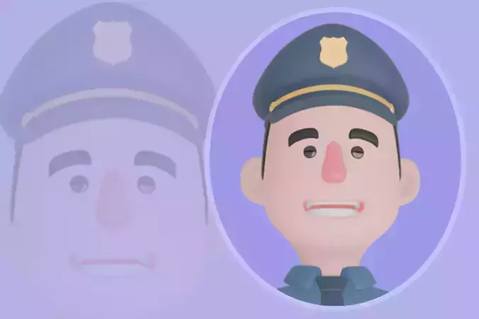 Stylized 3D Male Police Character - Cartoon Radio and Handcuffs