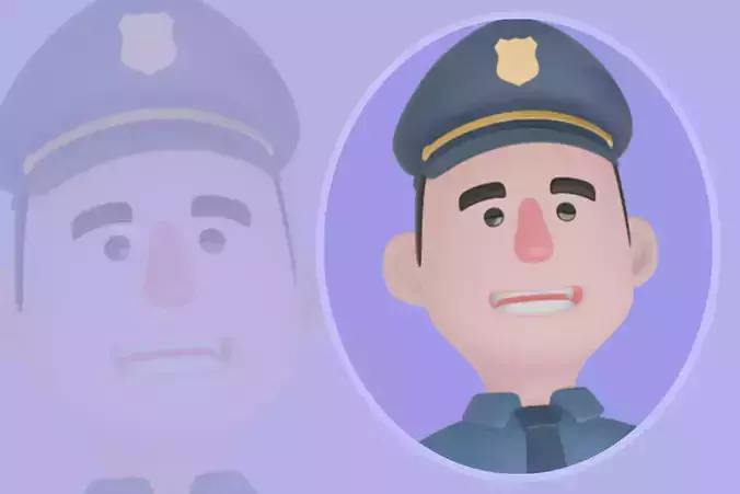 Stylized 3D Male Police Character - Officer Leaning on Gear
