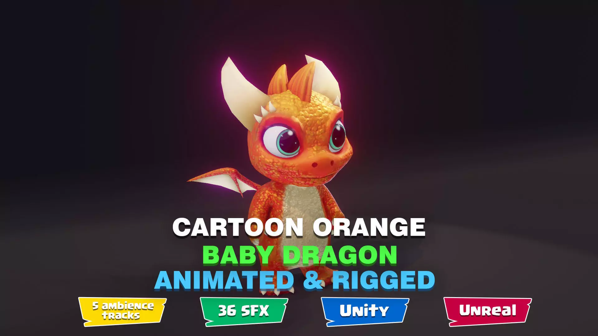 Orange Baby Dragon 3D Character with Audio Unity Unreal Ready Low-poly 3D model