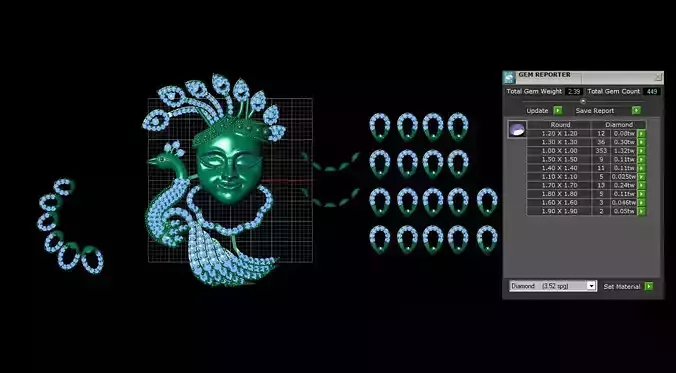 Krishna Peacock Face Pendant 3D Model with Gem Settings