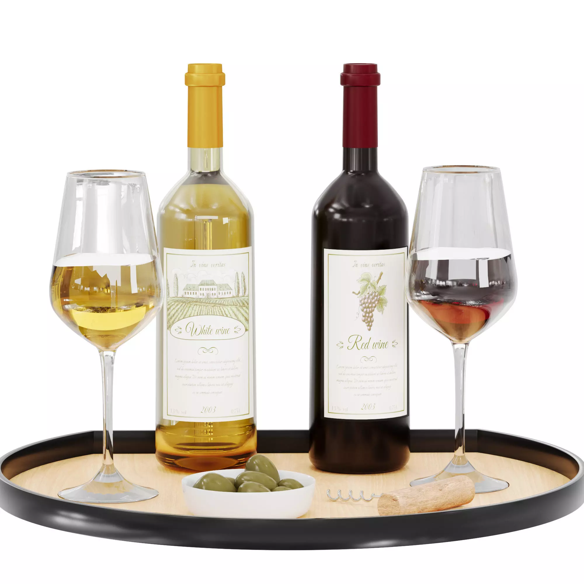 N14 3D Model Wine Set with Red and White Wine Glasses and Tray 3D model_2