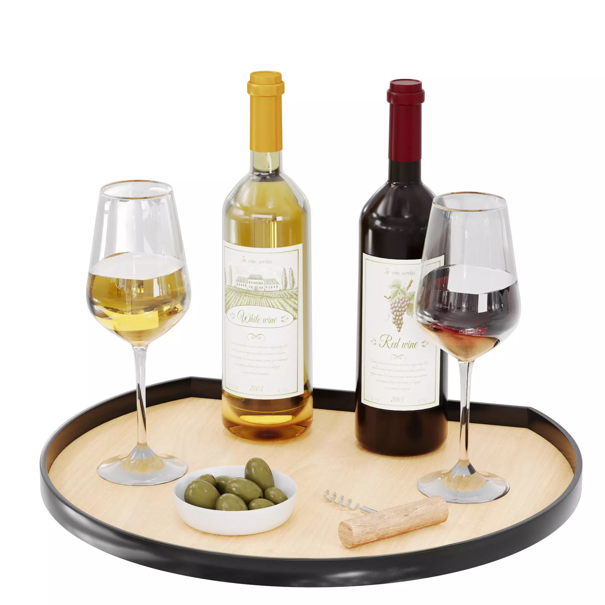 N14 3D Model Wine Set with Red and White Wine Glasses and Tray 3D model_1