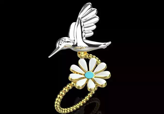 Gold stl 3dm Ring with Bird and Flower Design Model gr0140