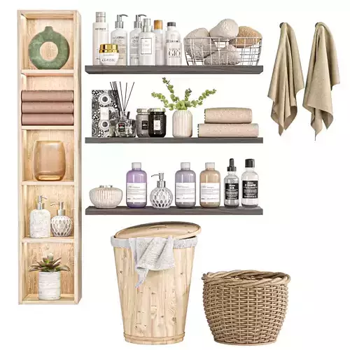 Shelf with towel cosmetics and candles for the bathroom