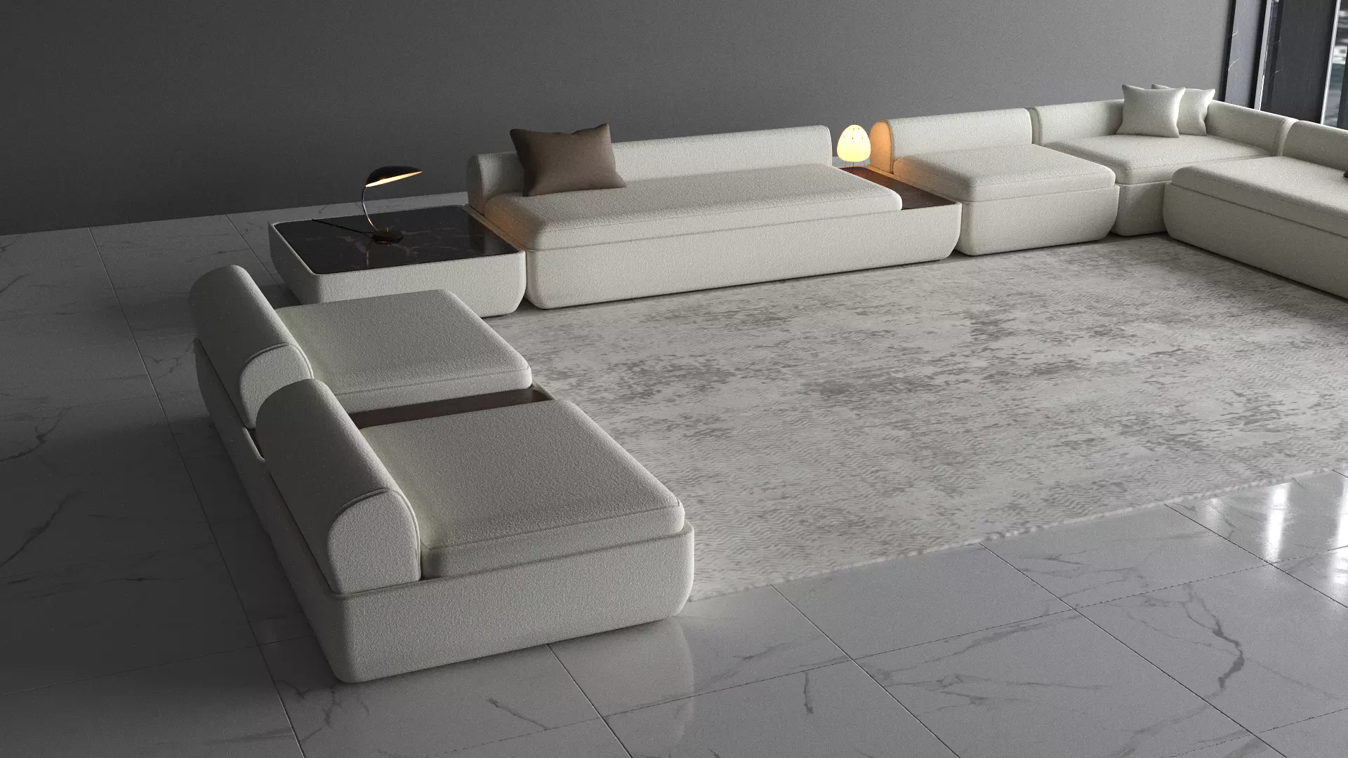 Modern Low-Profile Modular Sofa with Boucle Fabric Upholstery 3D model_1