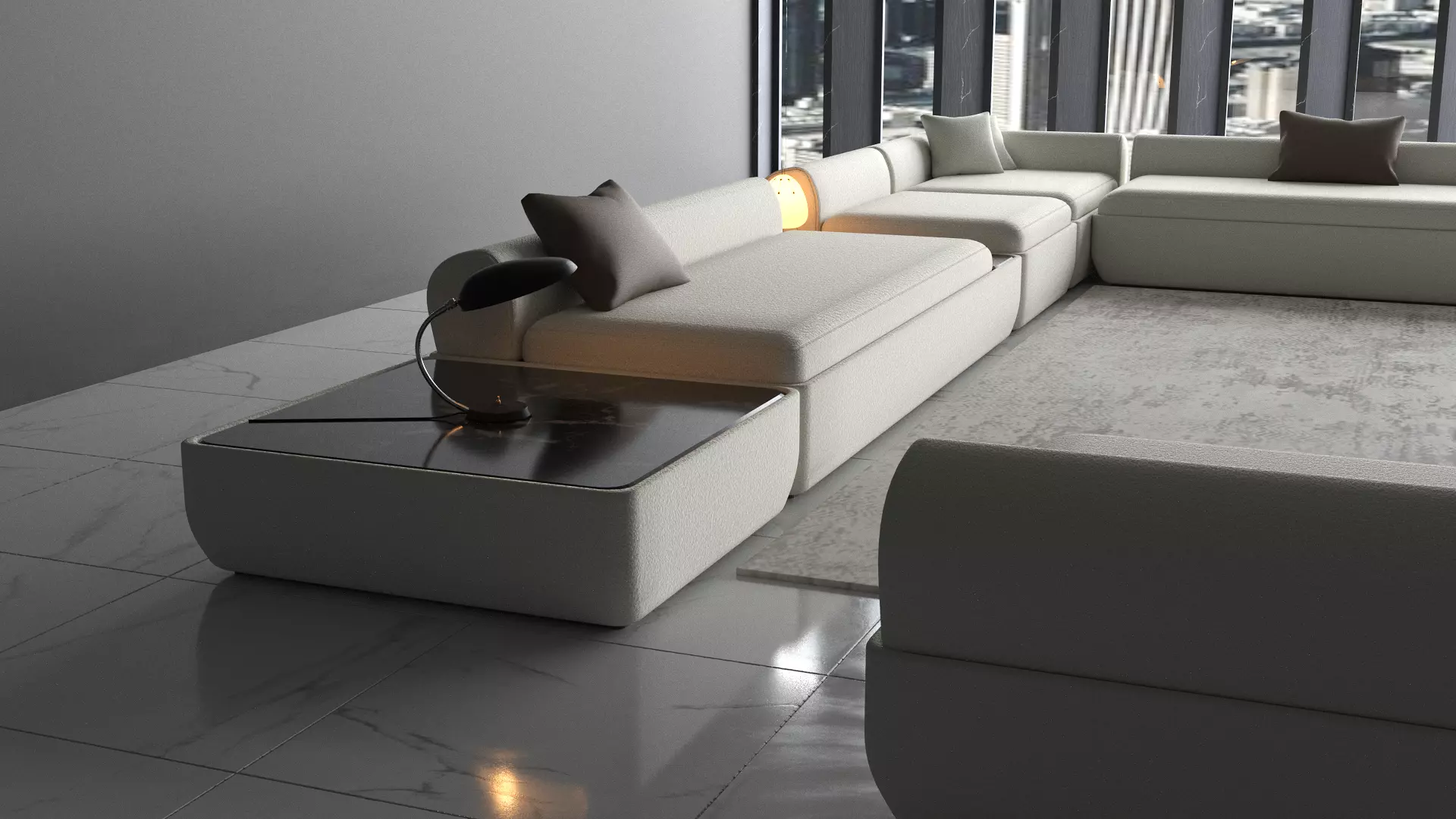 Modern Low-Profile Modular Sofa with Boucle Fabric Upholstery 3D model_2