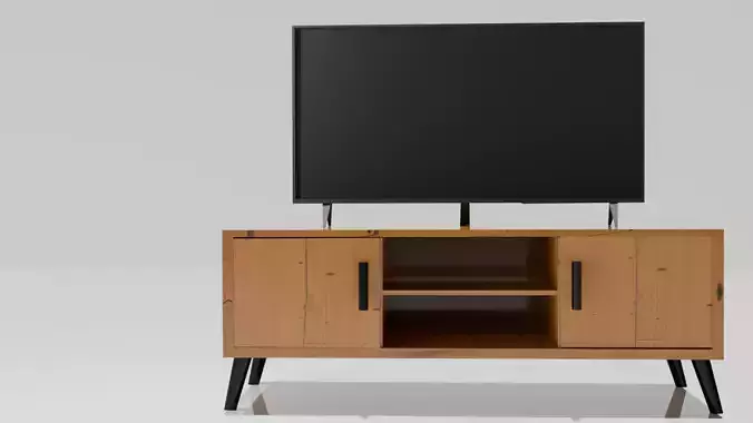 Modern Flat Screen TV on Minimalist Wooden Table or Stand