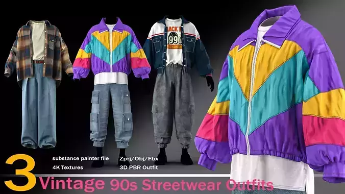 3 Vintage 90s Streetwear Outfits With 4K Textures