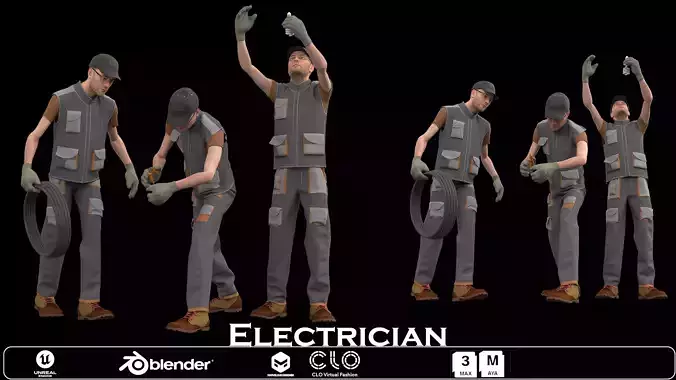 Electrician Character in 3 poses Low-poly 3D model