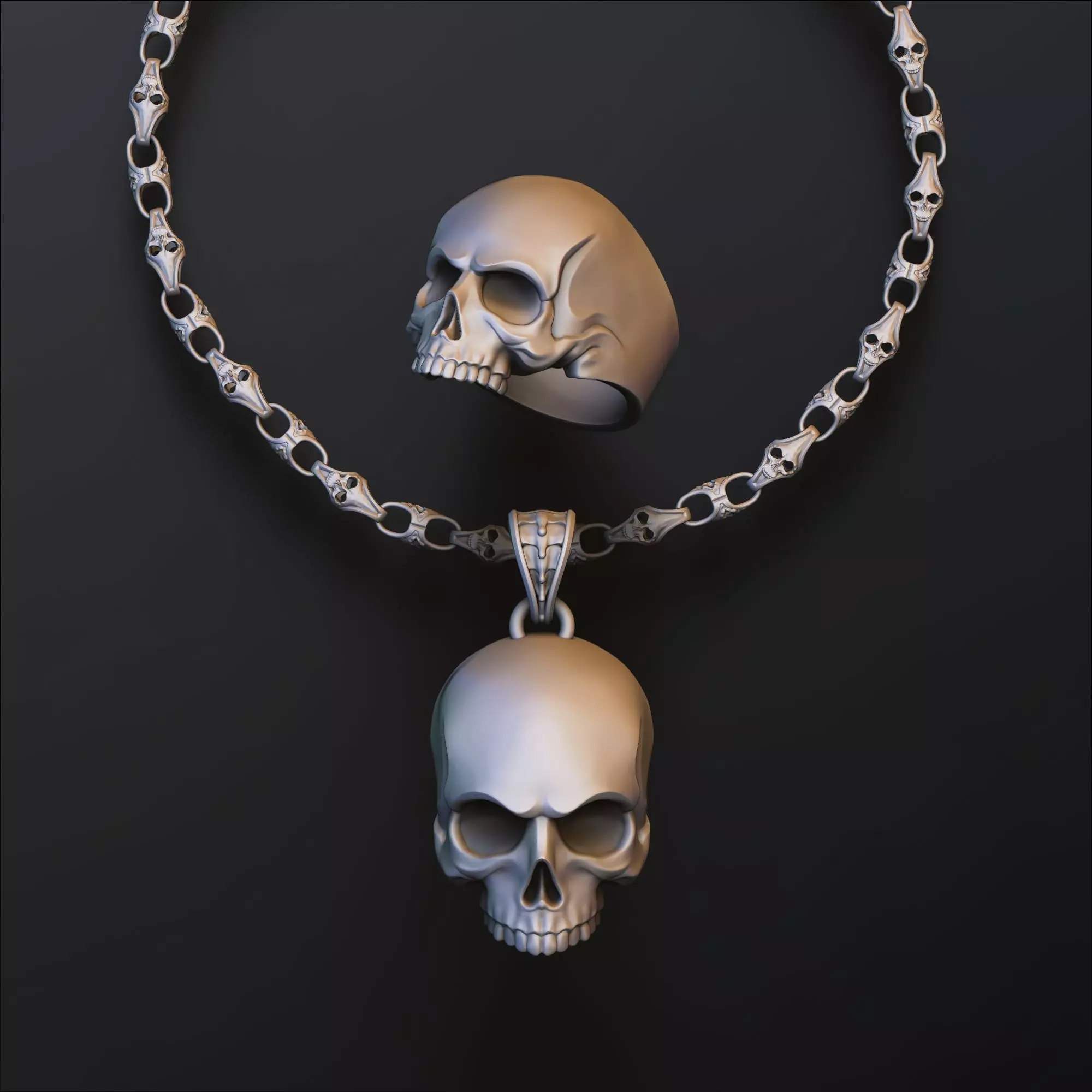 Skull Chain Pendant Ring Collection 3D print model_0