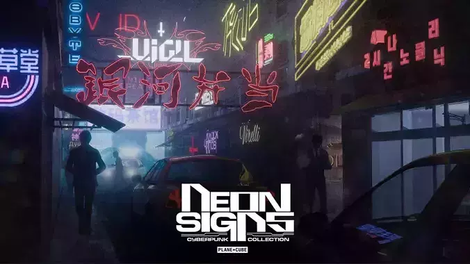 Cyberpunk Advertisement set over 70 Signs Billboards Holograms Low-poly 3D model