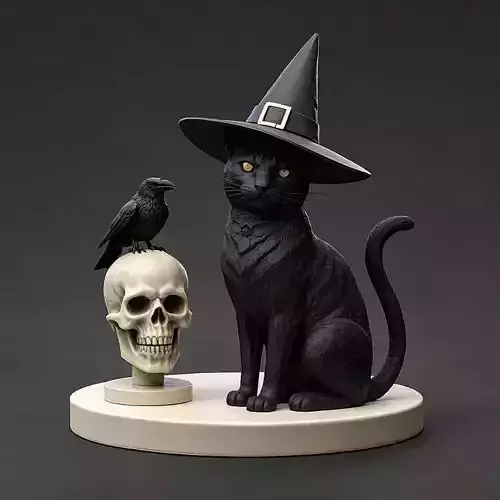 2247Witch Cat Composition Skull Raven Candleholder