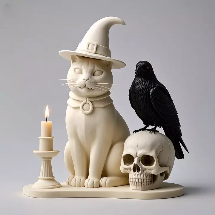 2248Witch Cat Composition Skull Raven Candleholder 3D print model_1