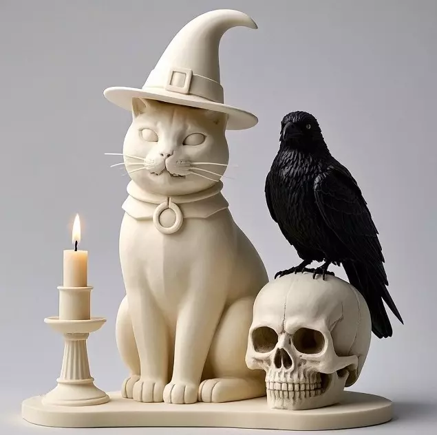 2248Witch Cat Composition Skull Raven Candleholder 3D print model_5