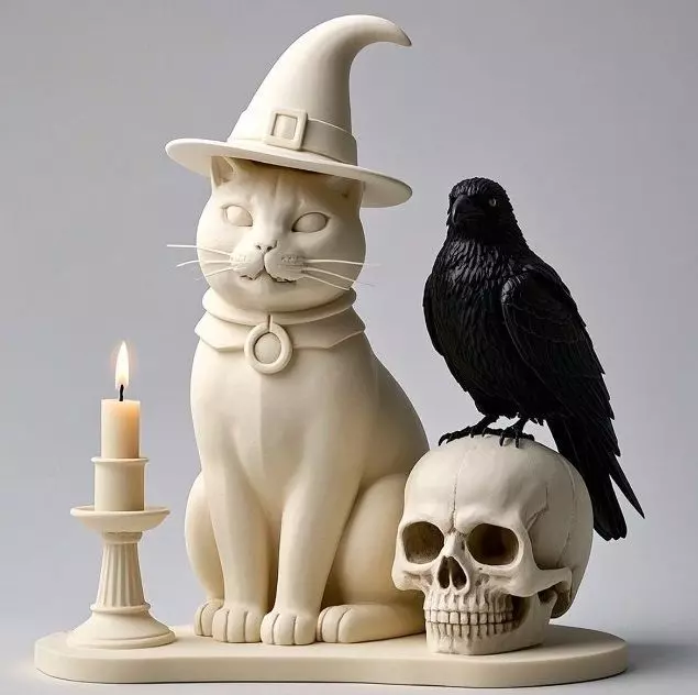 2248Witch Cat Composition Skull Raven Candleholder 3D print model_4