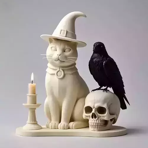 2248Witch Cat Composition Skull Raven Candleholder