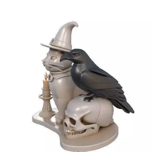 2248Witch Cat Composition Skull Raven Candleholder 3D print model_32