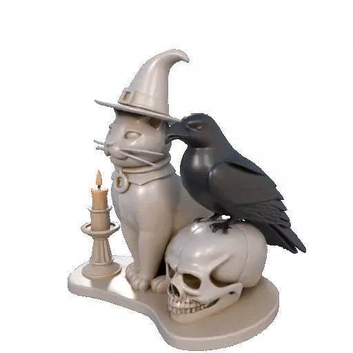 2248Witch Cat Composition Skull Raven Candleholder 3D print model_33