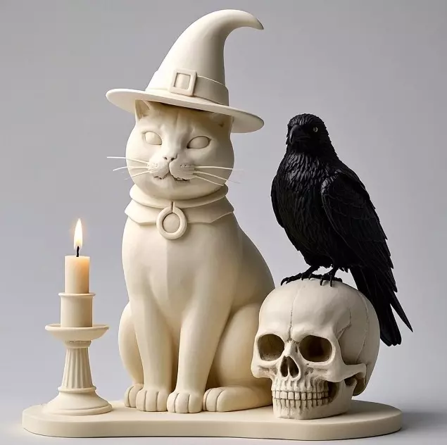 2248Witch Cat Composition Skull Raven Candleholder 3D print model_3