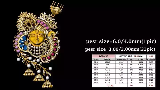 Krishna Face Pendant  with Gem Settings 3D Model