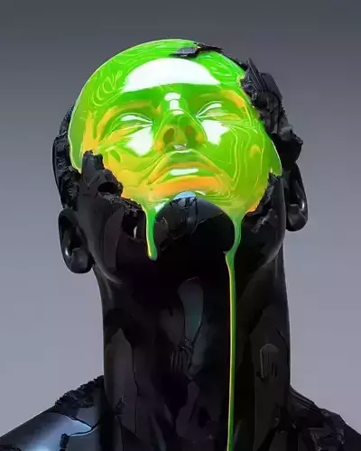 Melting Green Face Sculpture Liquid Transformation 3D