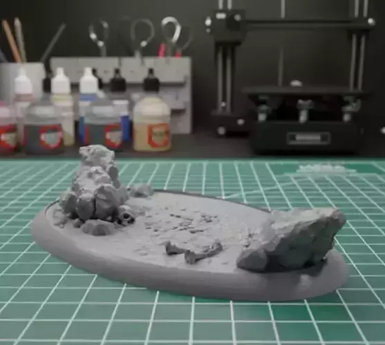 Oval Miniature Base with Rocks and Skull - 67x38mm Presupported