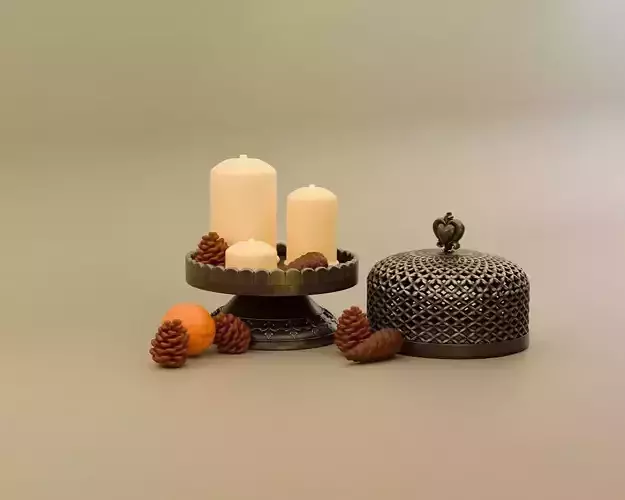 Miniature Candle Arrangement Set  Candles Pinecones Orange  3D print model