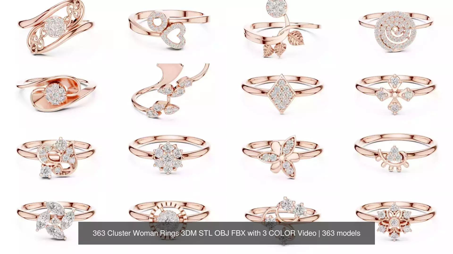 363 Cluster Woman Rings 3DM STL OBJ FBX with 3 COLOR Video 3D Model Collection_16