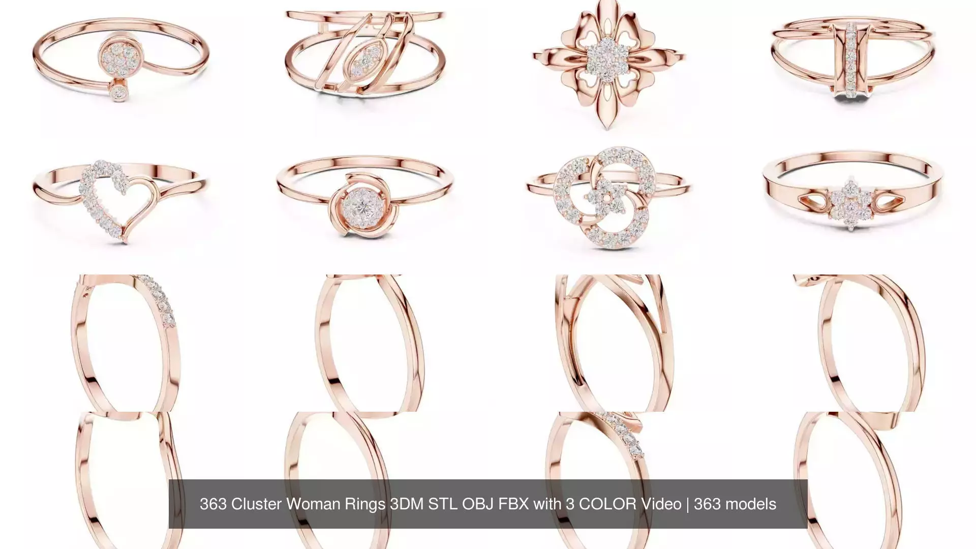 363 Cluster Woman Rings 3DM STL OBJ FBX with 3 COLOR Video 3D Model Collection_7