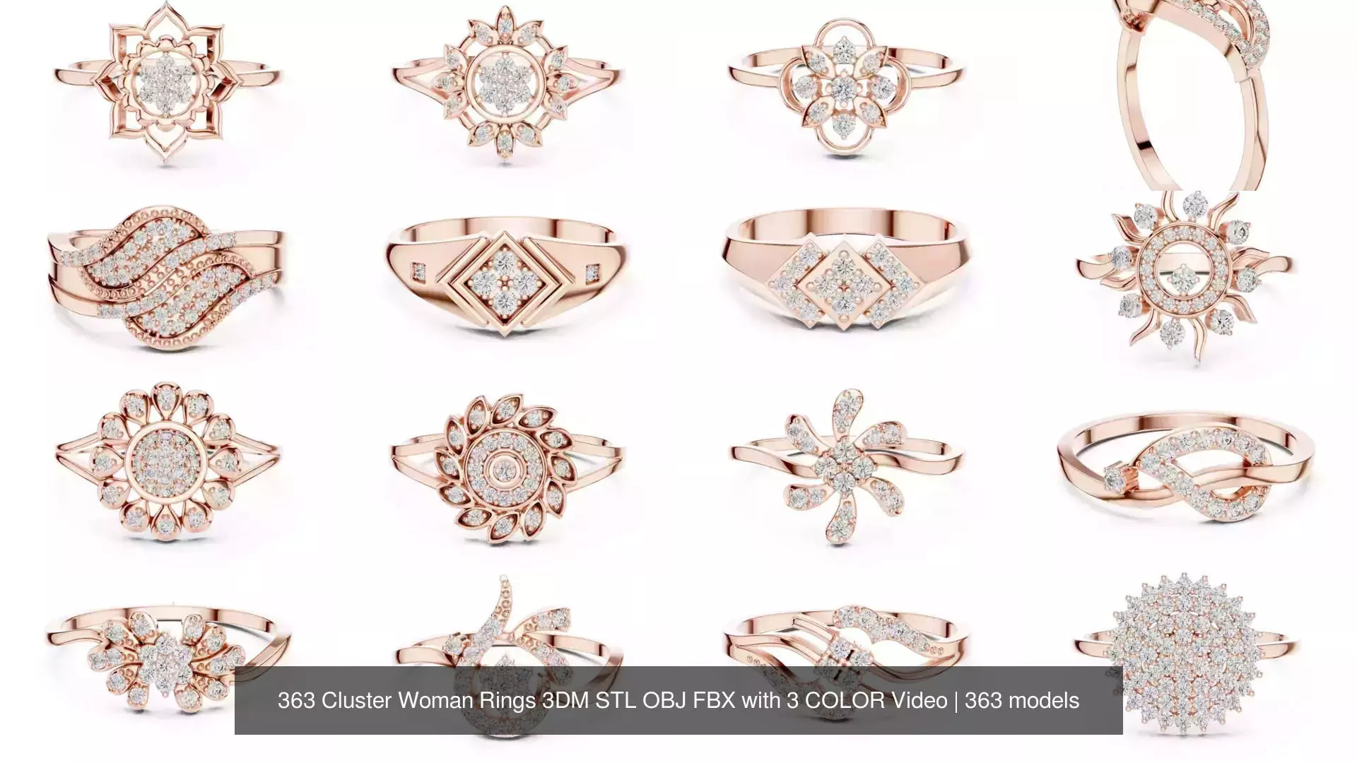 363 Cluster Woman Rings 3DM STL OBJ FBX with 3 COLOR Video 3D Model Collection_50