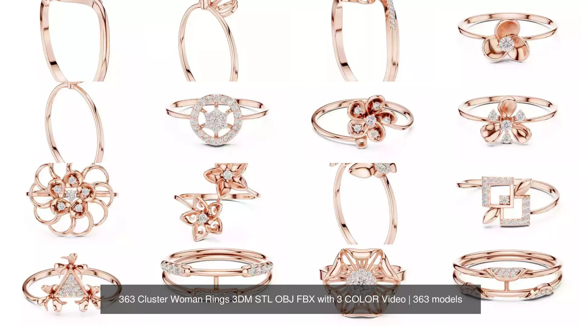 363 Cluster Woman Rings 3DM STL OBJ FBX with 3 COLOR Video 3D Model Collection_9