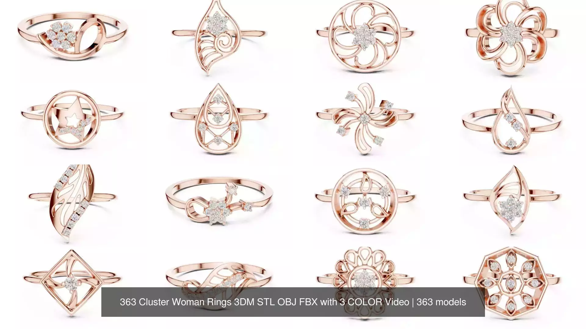 363 Cluster Woman Rings 3DM STL OBJ FBX with 3 COLOR Video 3D Model Collection_45