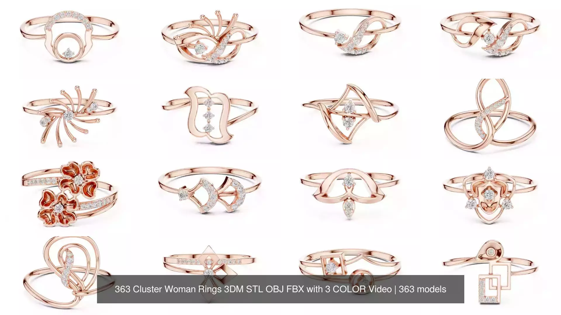 363 Cluster Woman Rings 3DM STL OBJ FBX with 3 COLOR Video 3D Model Collection_3